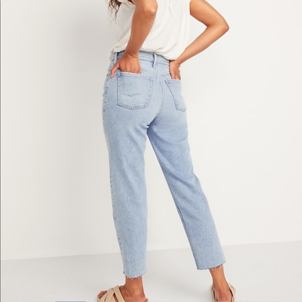 Extra high waisted button fly raw hem straight jeans
